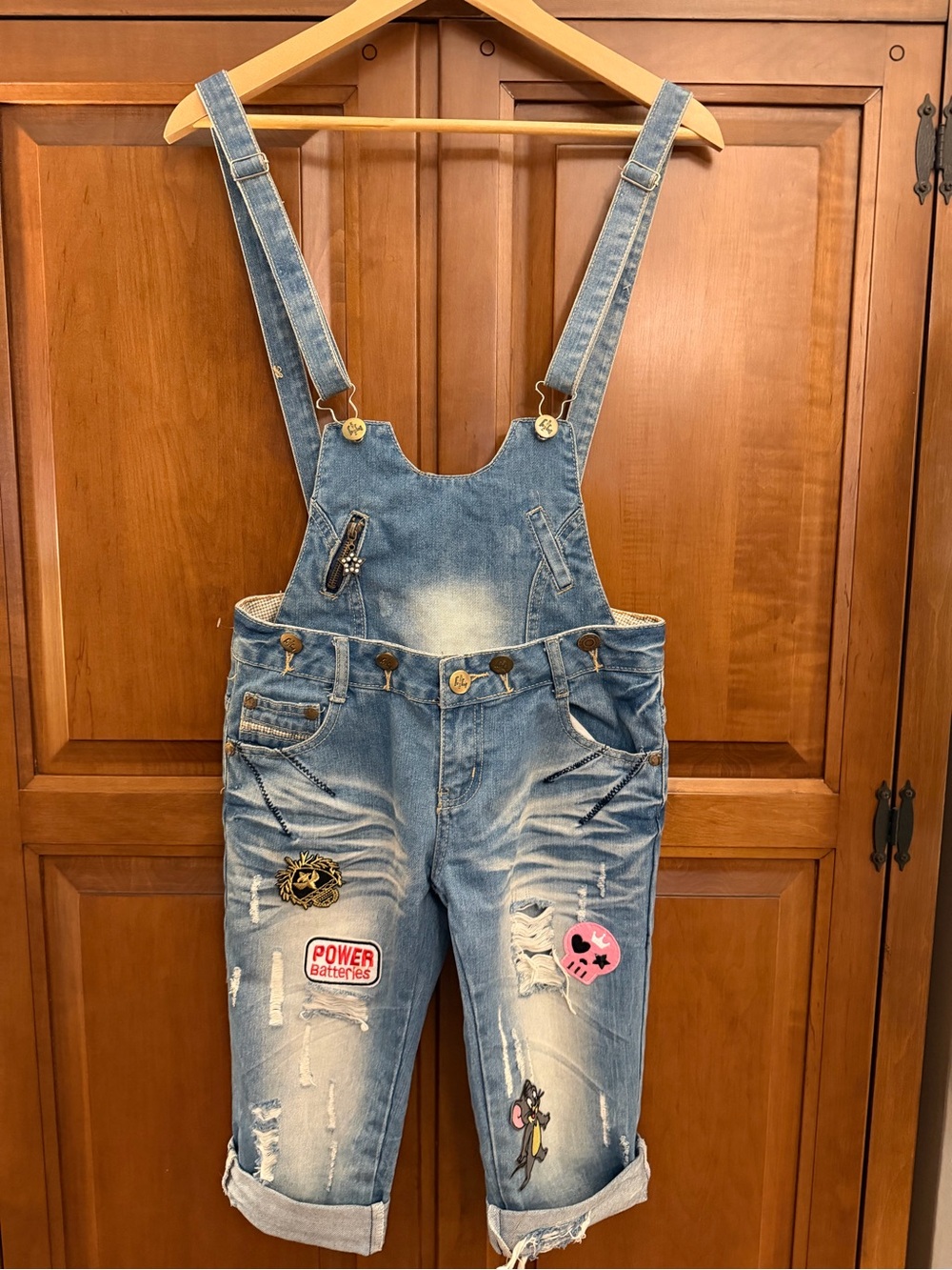 Distressed Blue Denim Overalls with Fun Patches